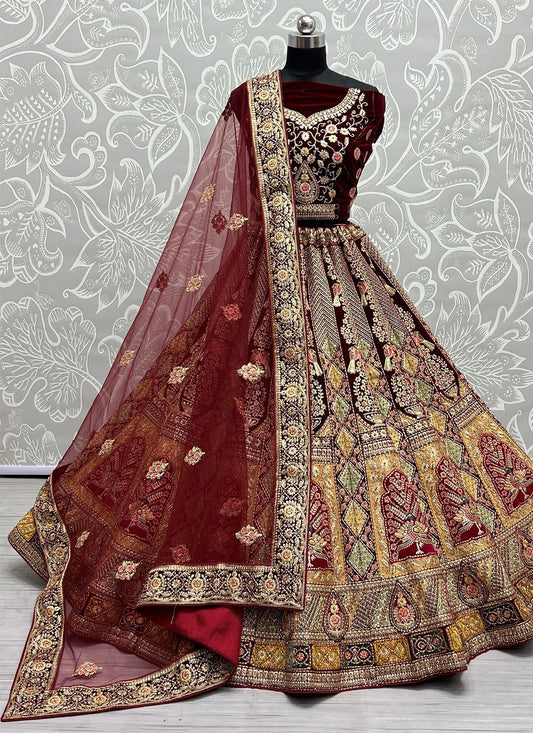 Lehenga Choli Velvet Maroon Dori Work Lehenga Choli