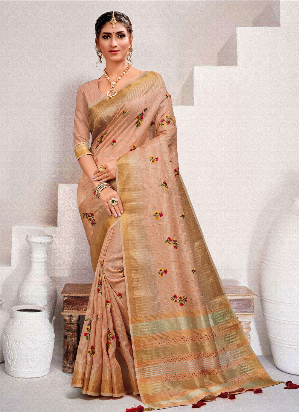 Contemporary Art Silk Orange Embroidered Saree