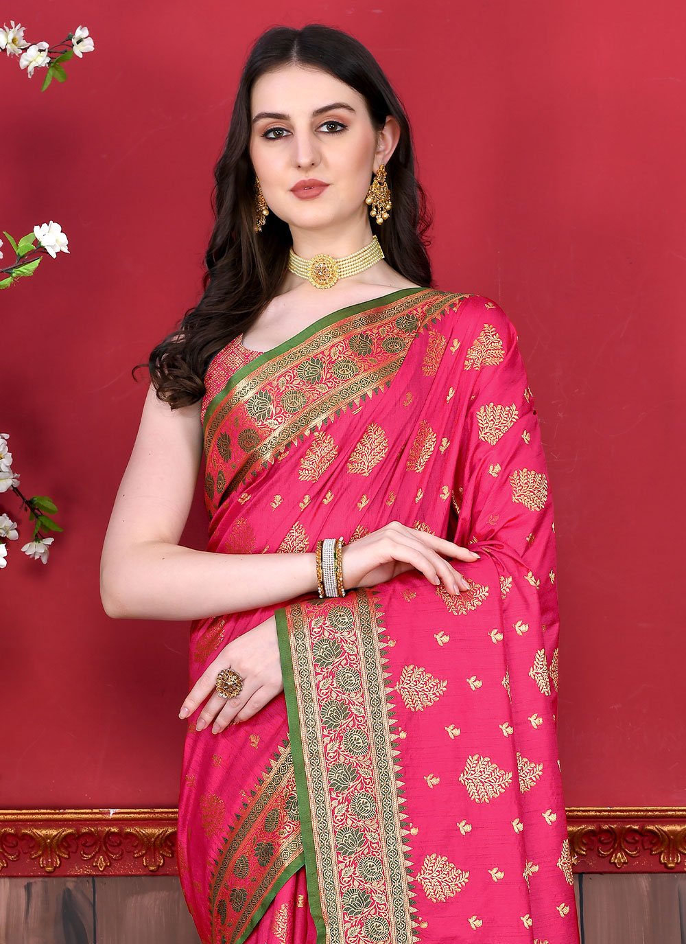 Trendy Saree Katan Silk Hot Pink Patch Border Saree