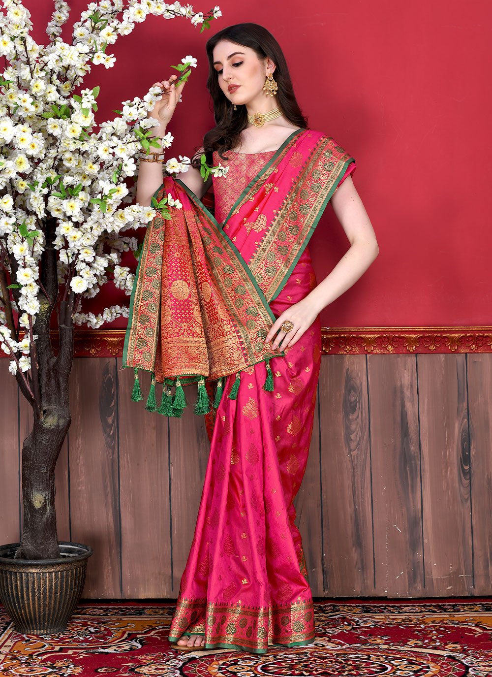 Trendy Saree Katan Silk Hot Pink Patch Border Saree