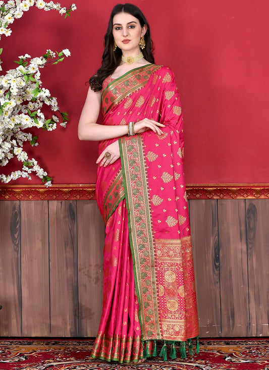 Trendy Saree Katan Silk Hot Pink Patch Border Saree