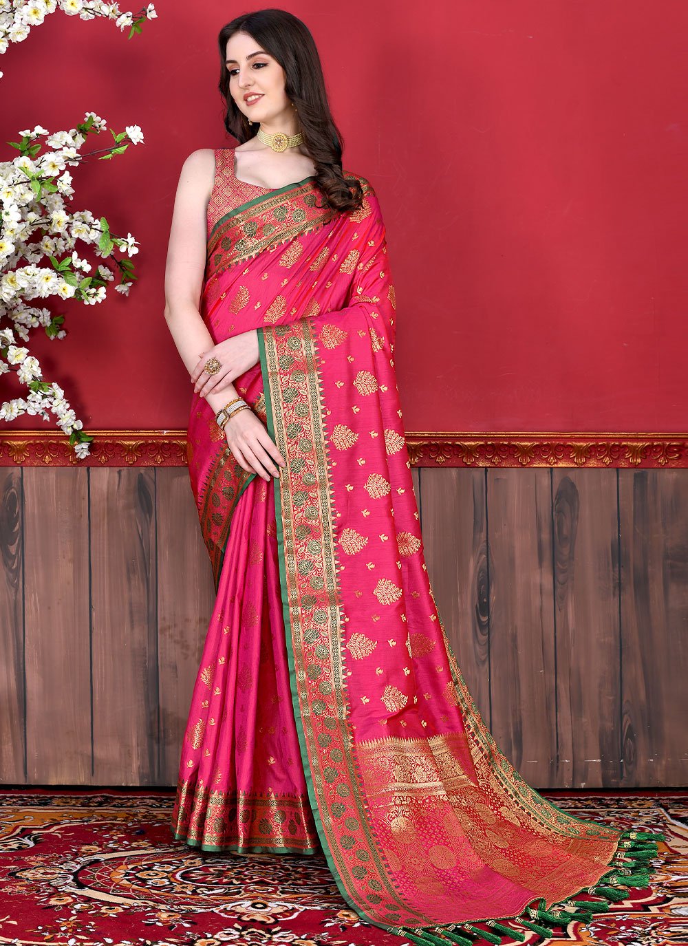 Trendy Saree Katan Silk Hot Pink Patch Border Saree