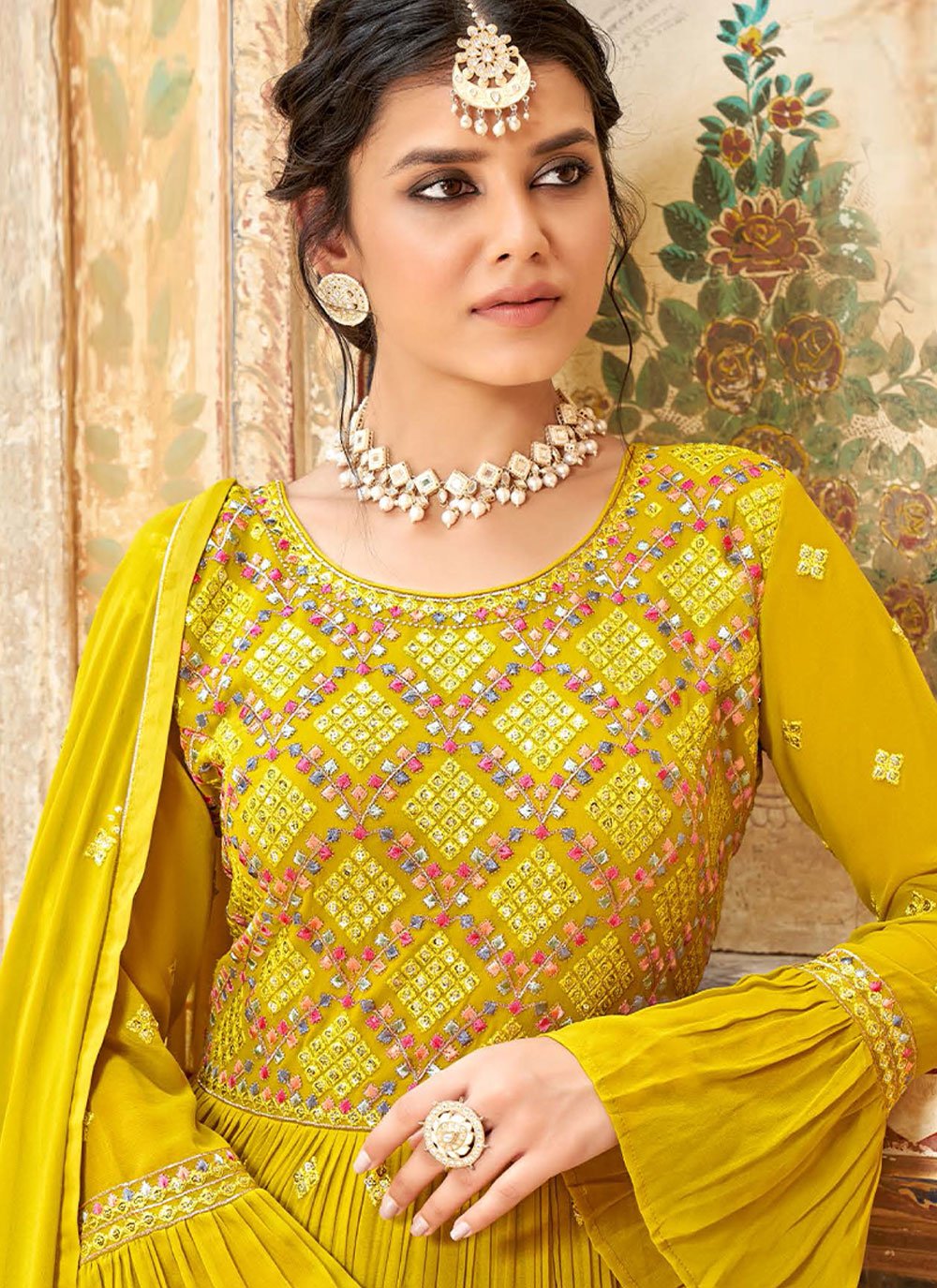 Lehenga Choli Georgette Mustard Embroidered Lehenga Choli