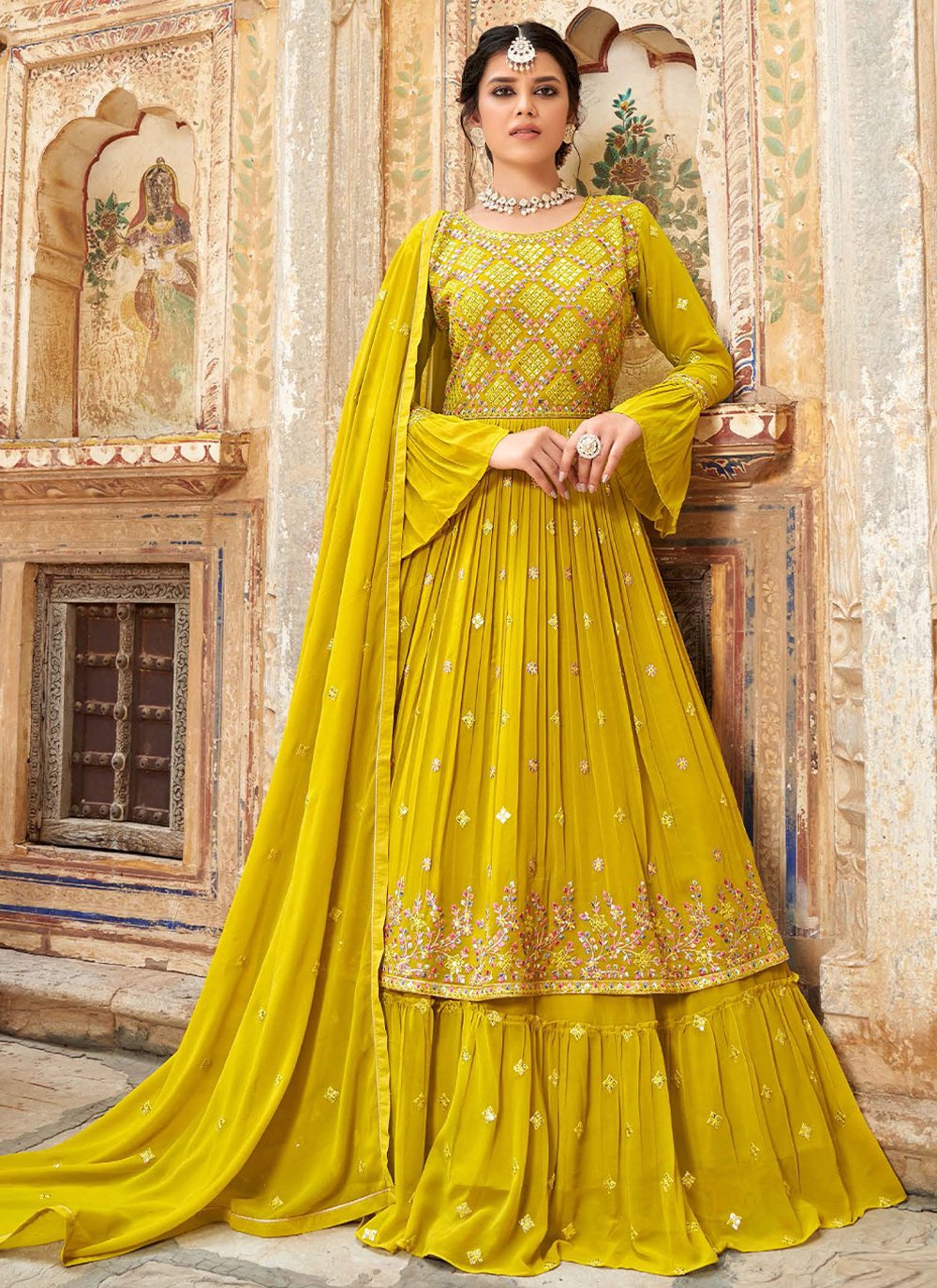 Lehenga Choli Georgette Mustard Embroidered Lehenga Choli