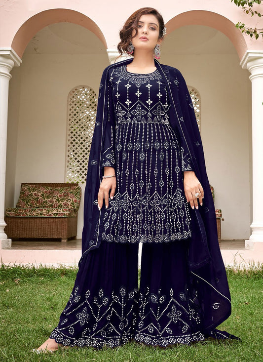 Palazzo Salwar Suit Georgette Blue Embroidered Salwar Kameez