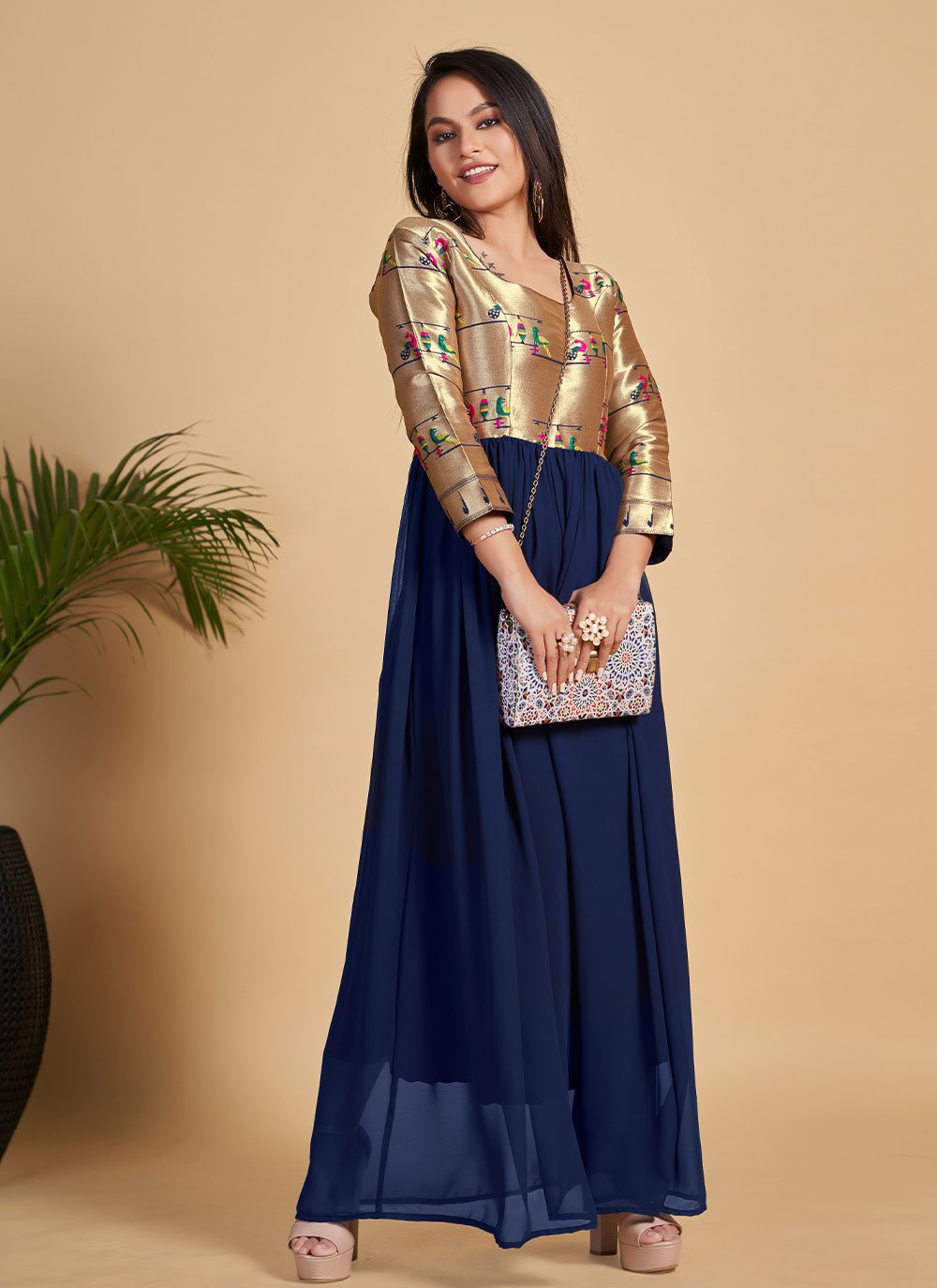 Gown Georgette Blue Woven Gown