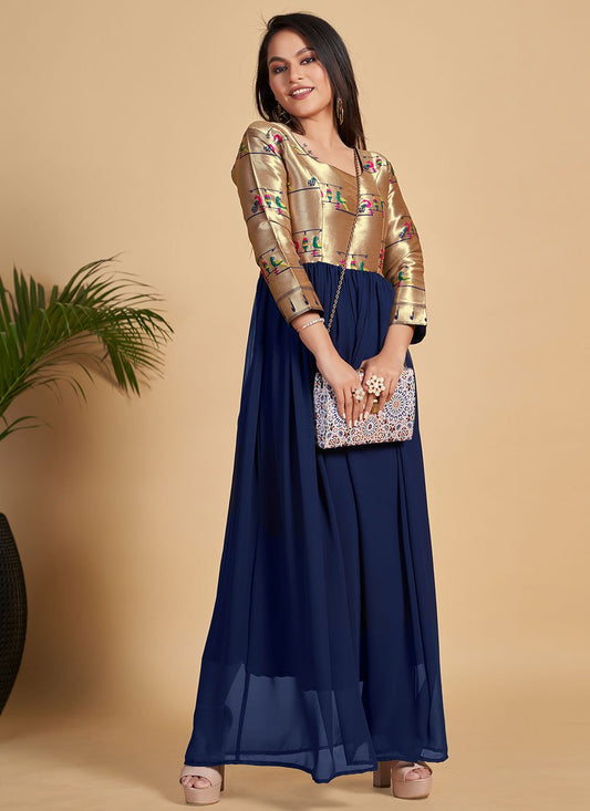 Gown Georgette Blue Woven Gown