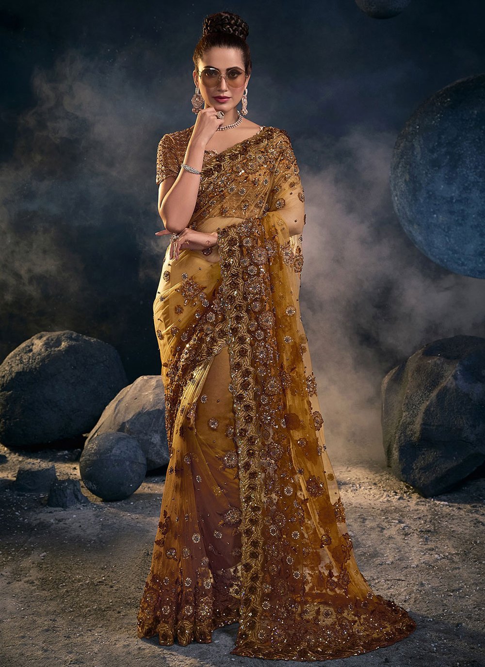 Contemporary Net Mustard Embroidered Saree