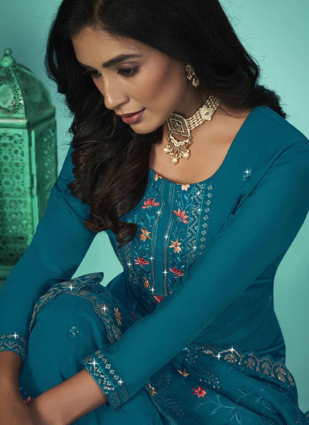 Palazzo Salwar Suit Organza Teal Diamond Salwar Kameez