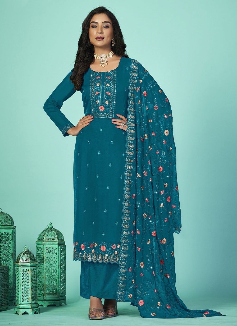 Palazzo Salwar Suit Organza Teal Diamond Salwar Kameez