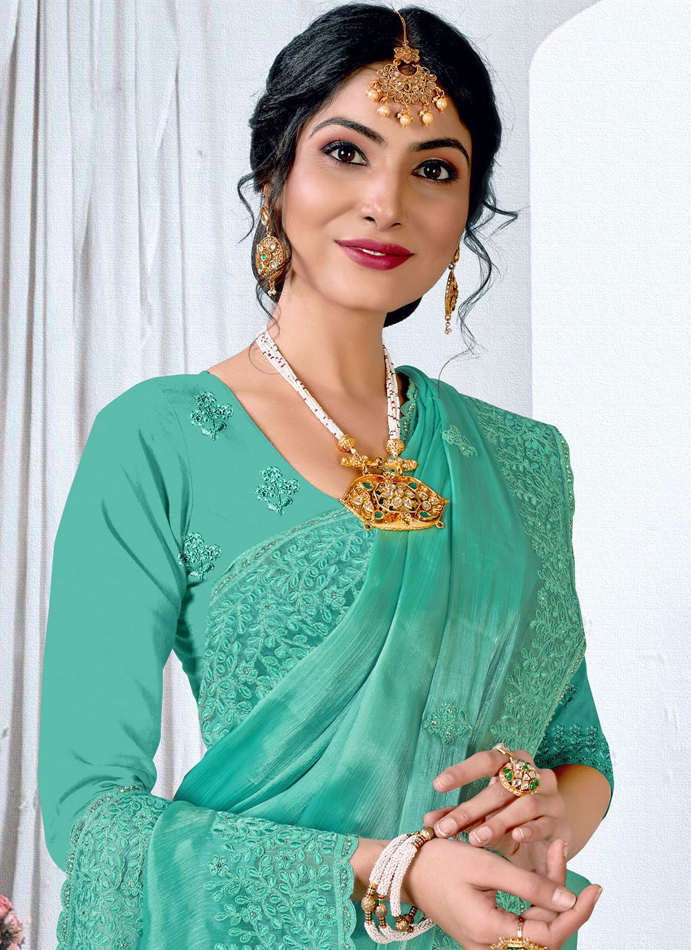 Classic Organza Turquoise Embroidered Saree