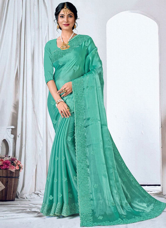 Classic Organza Turquoise Embroidered Saree