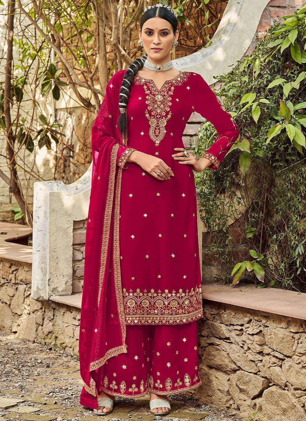 Trendy Suit Georgette Satin Pink Rani Diamond Salwar Kameez