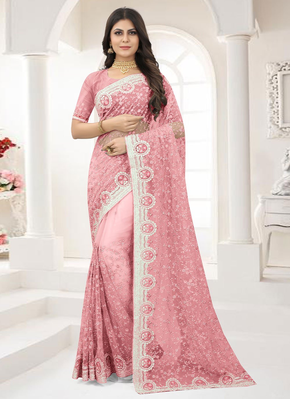 Designer Net Pink Embroidered Saree