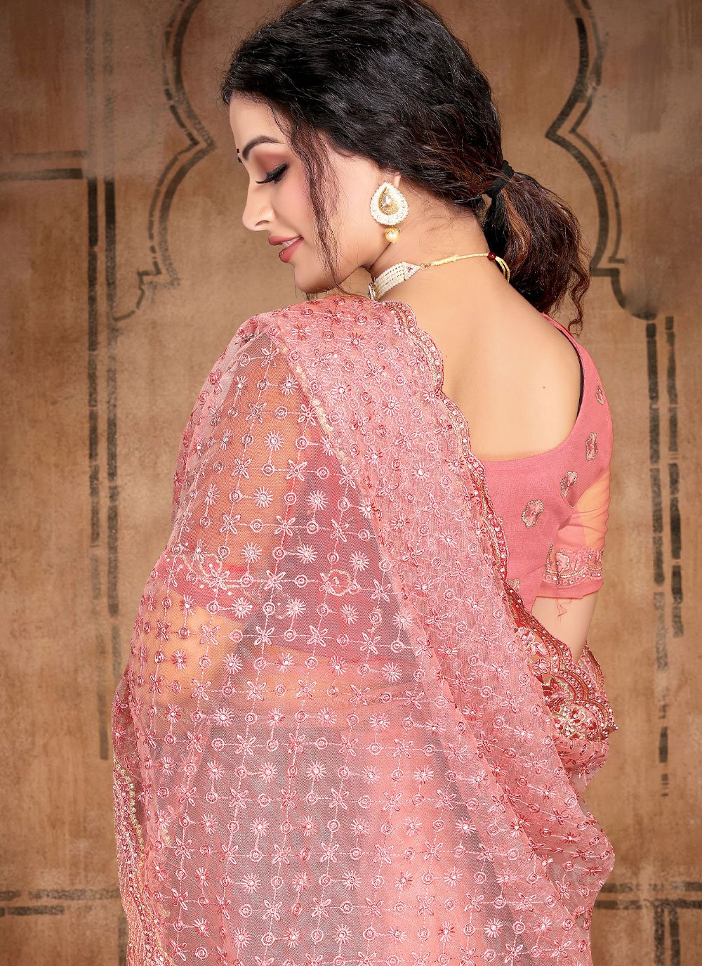 Classic Net Pink Diamond Saree