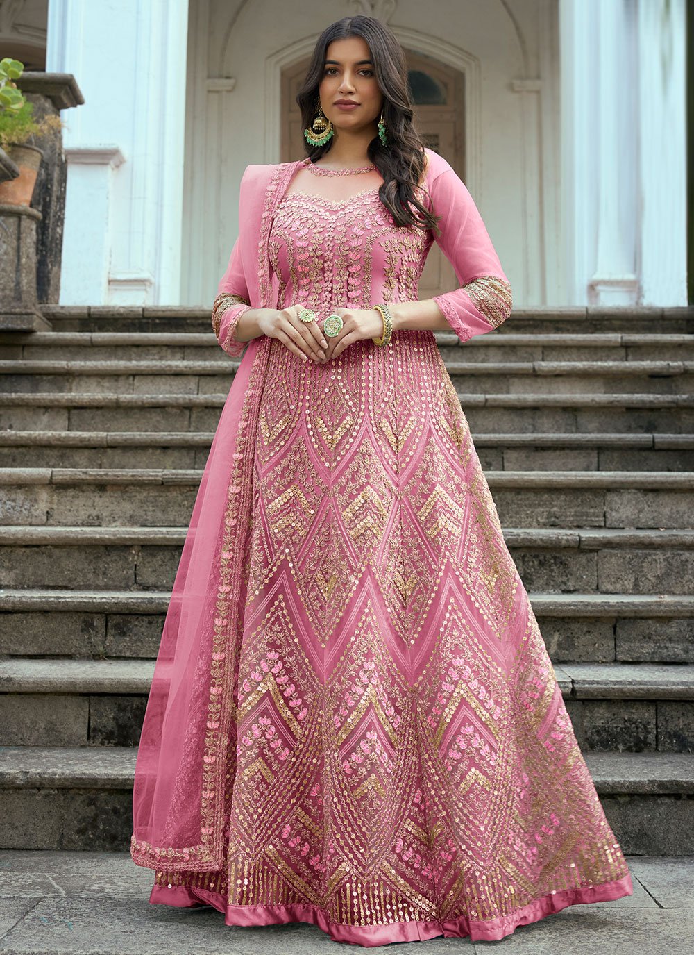 Salwar Suit Net Pink Embroidered Salwar Kameez