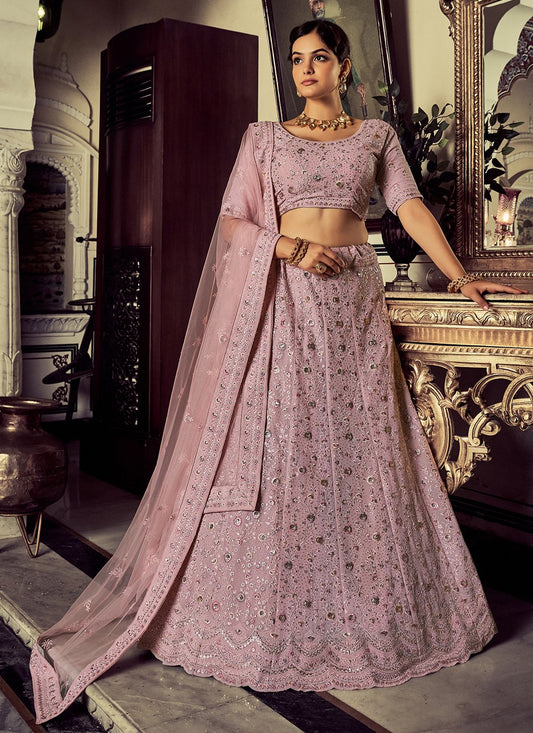 Lehenga Choli Net Pink Sequins Lehenga Choli