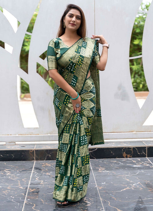 Contemporary Pure Silk Green Bandhej Saree