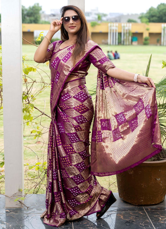 Classic Pure Silk Purple Bandhej Saree