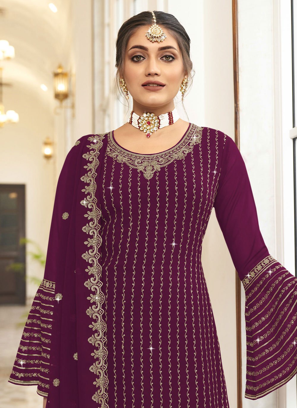 Palazzo Salwar Suit Georgette Purple Embroidered Salwar Kameez