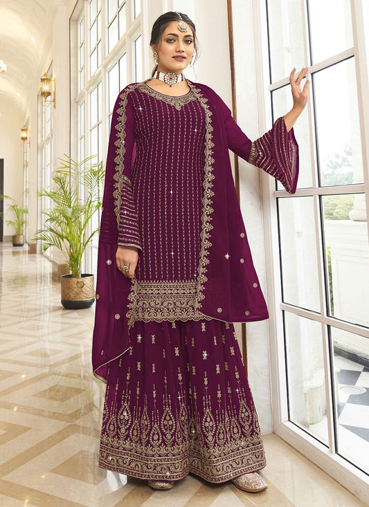 Palazzo Salwar Suit Georgette Purple Embroidered Salwar Kameez