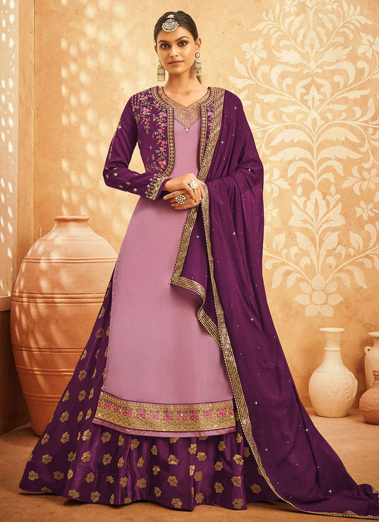 Lehenga Choli Georgette Satin Purple Embroidered Lehenga Choli