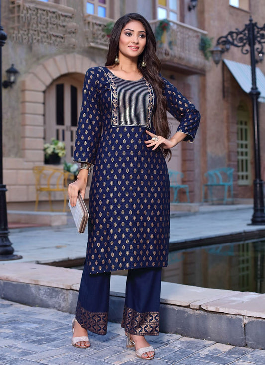 Designer Kurti Rayon Blue Foil Print Kurtis