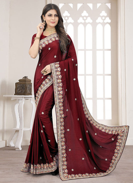 Contemporary Crepe Silk Maroon Embroidered Saree