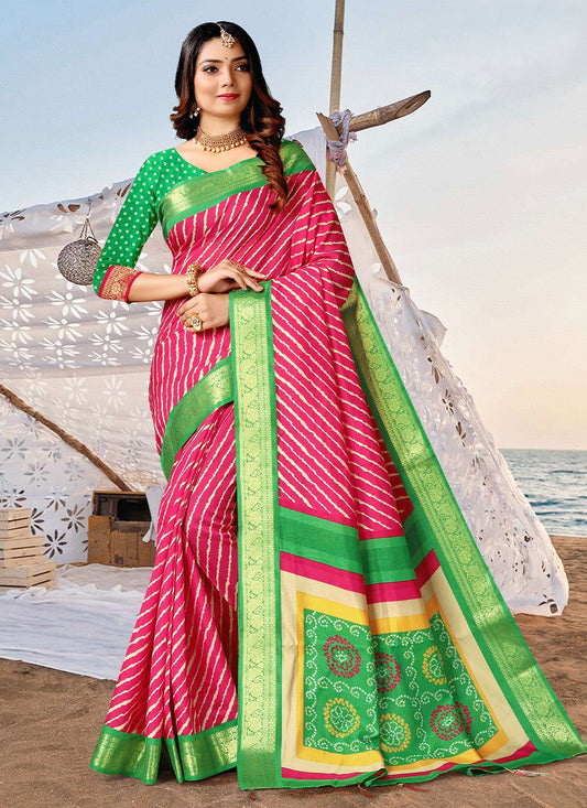 Contemporary Silk Green Pink Patch Border Saree