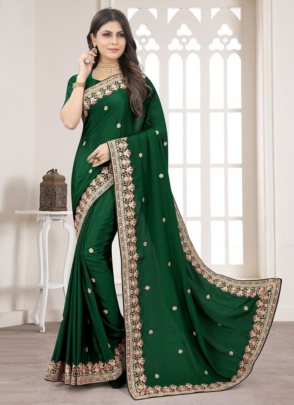 Trendy Saree Crepe Silk Green Embroidered Saree