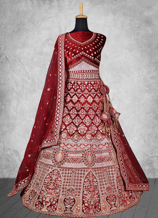 A Line Lehenga Velvet Red Embroidered Lehenga Choli