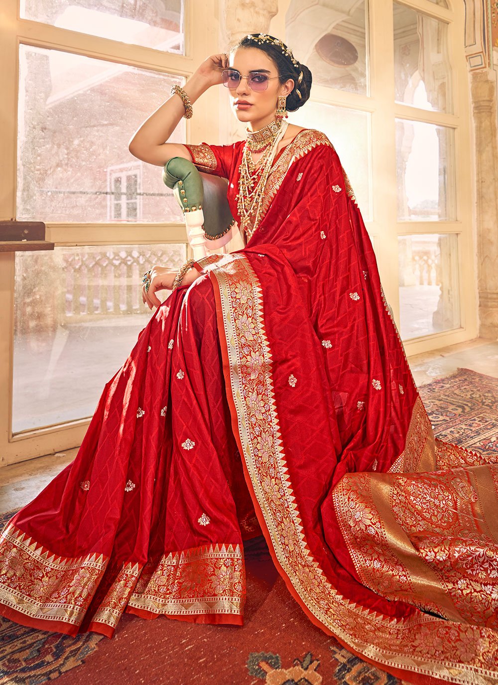 Classic Satin Silk Red Weaving Saree