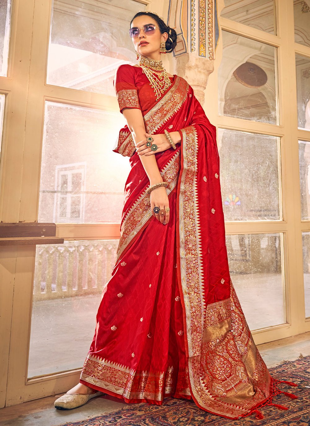 Classic Satin Silk Red Weaving Saree