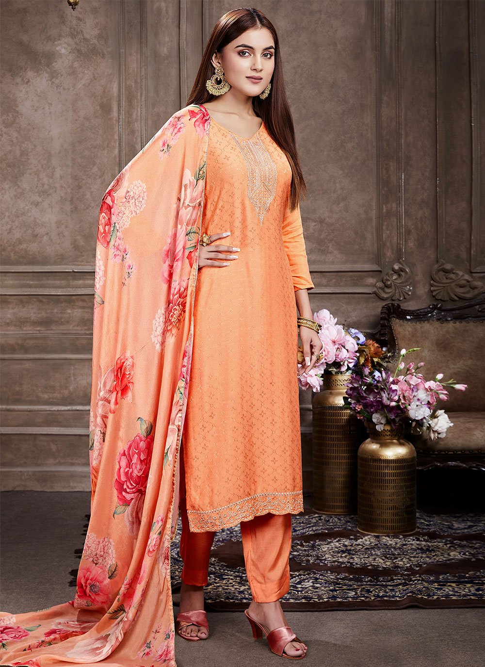 Straight Salwar Suit Muslin Pink Embroidered Salwar Kameez