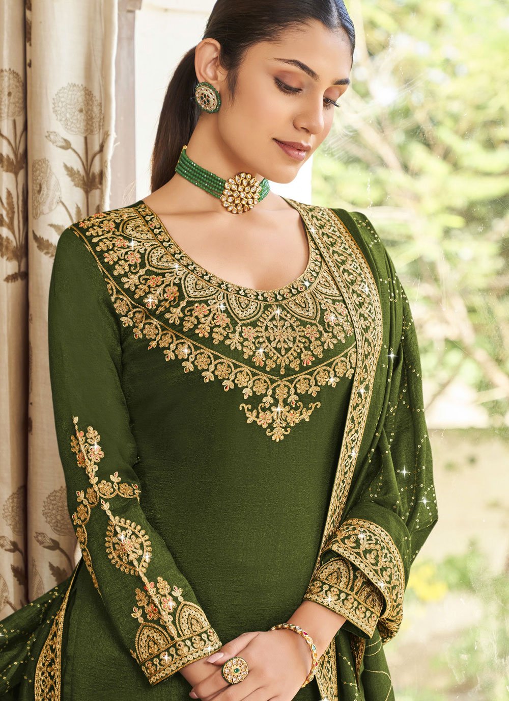 Salwar Suit Vichitra Silk Green Embroidered Salwar Kameez