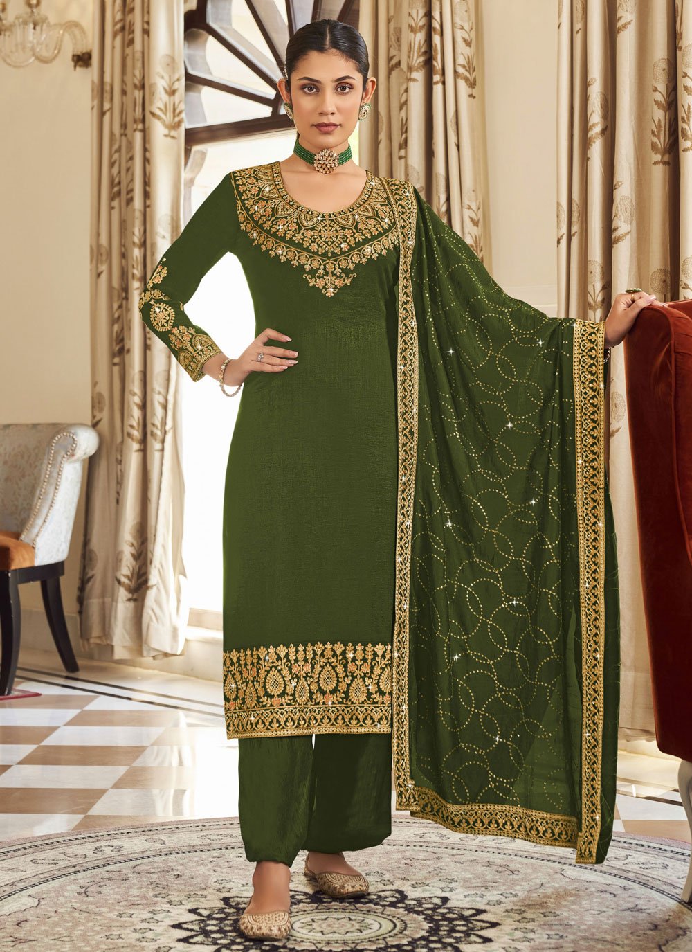 Salwar Suit Vichitra Silk Green Embroidered Salwar Kameez