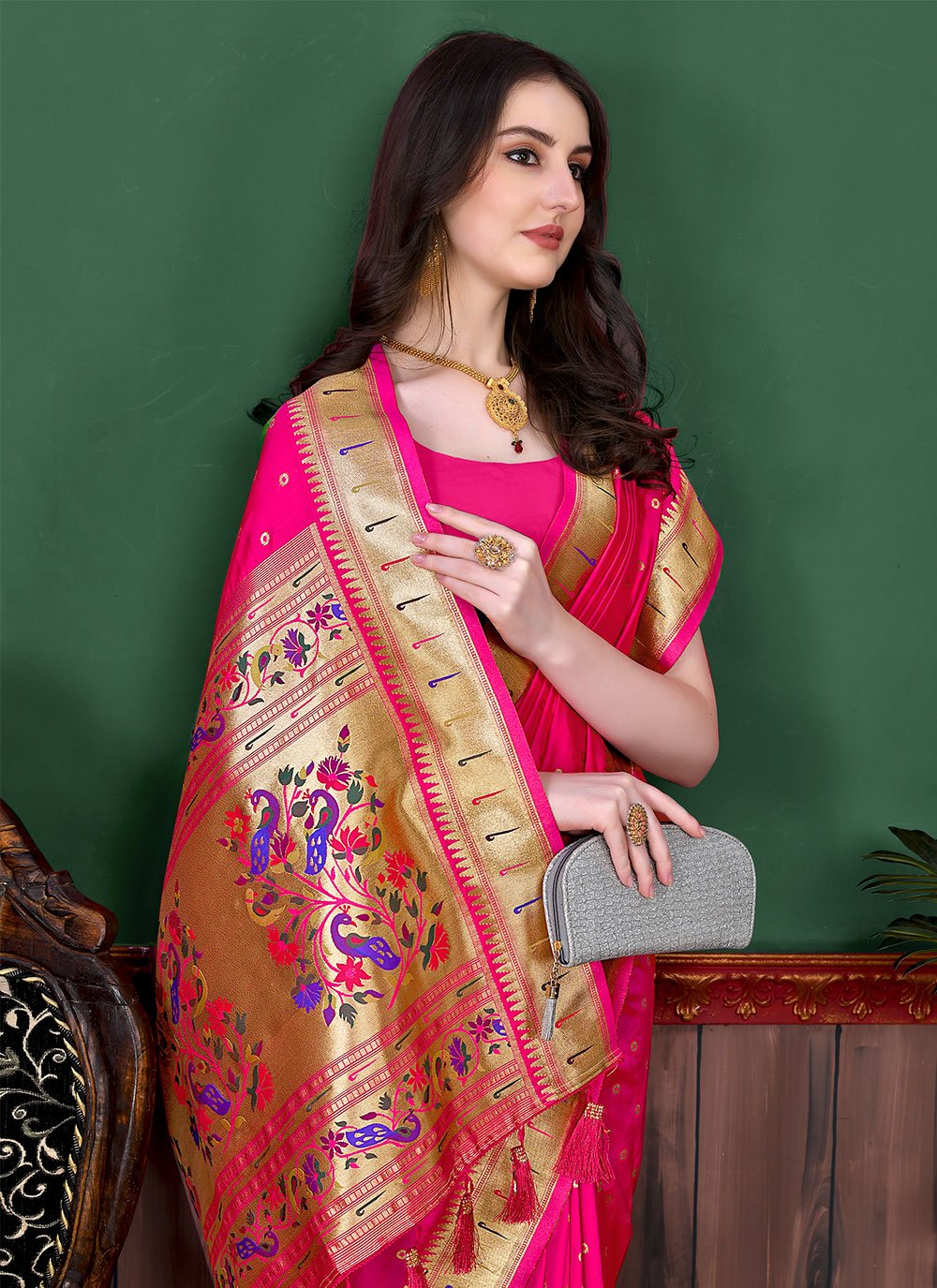 Designer Silk Rani Patch Border Saree