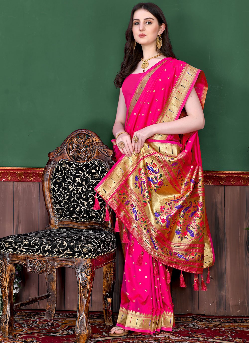 Designer Silk Rani Patch Border Saree