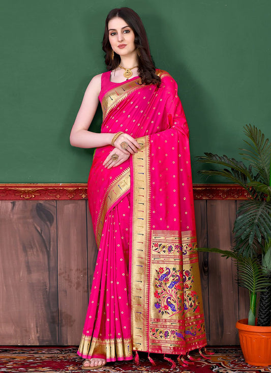 Designer Silk Rani Patch Border Saree