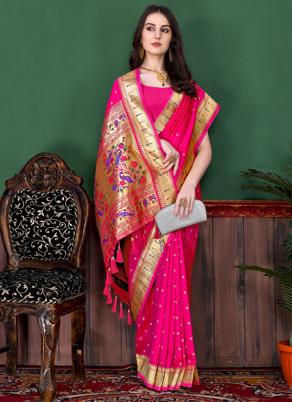 Designer Silk Rani Patch Border Saree