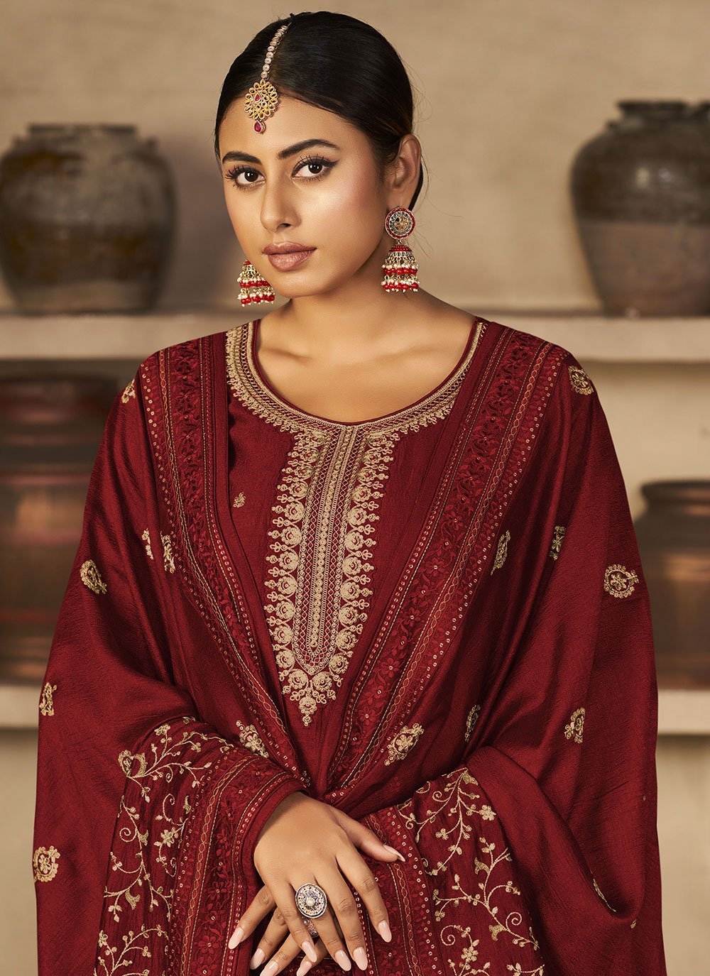 Floor Lenght Salwar Suit Vichitra Silk Maroon Cord Work Salwar Kameez