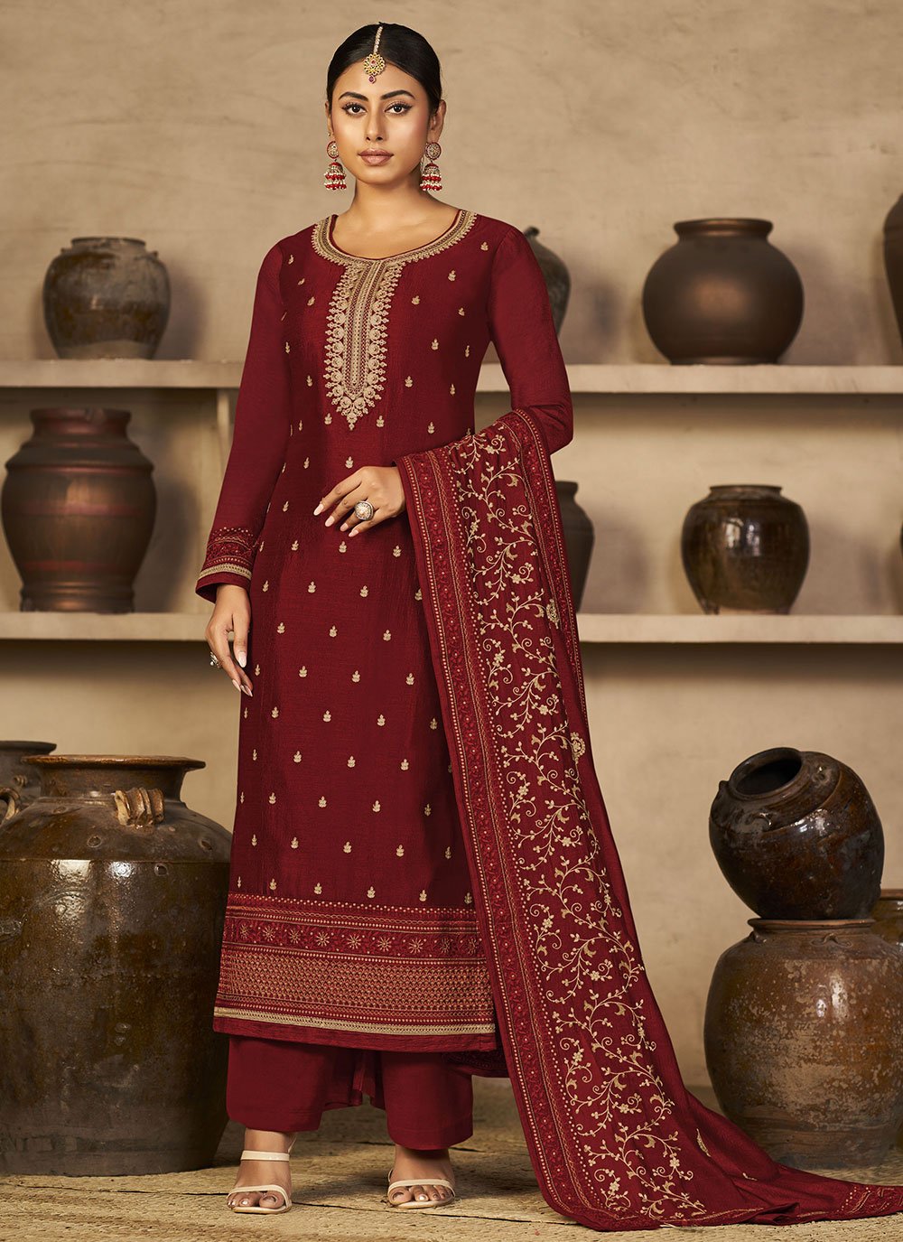 Floor Lenght Salwar Suit Vichitra Silk Maroon Cord Work Salwar Kameez