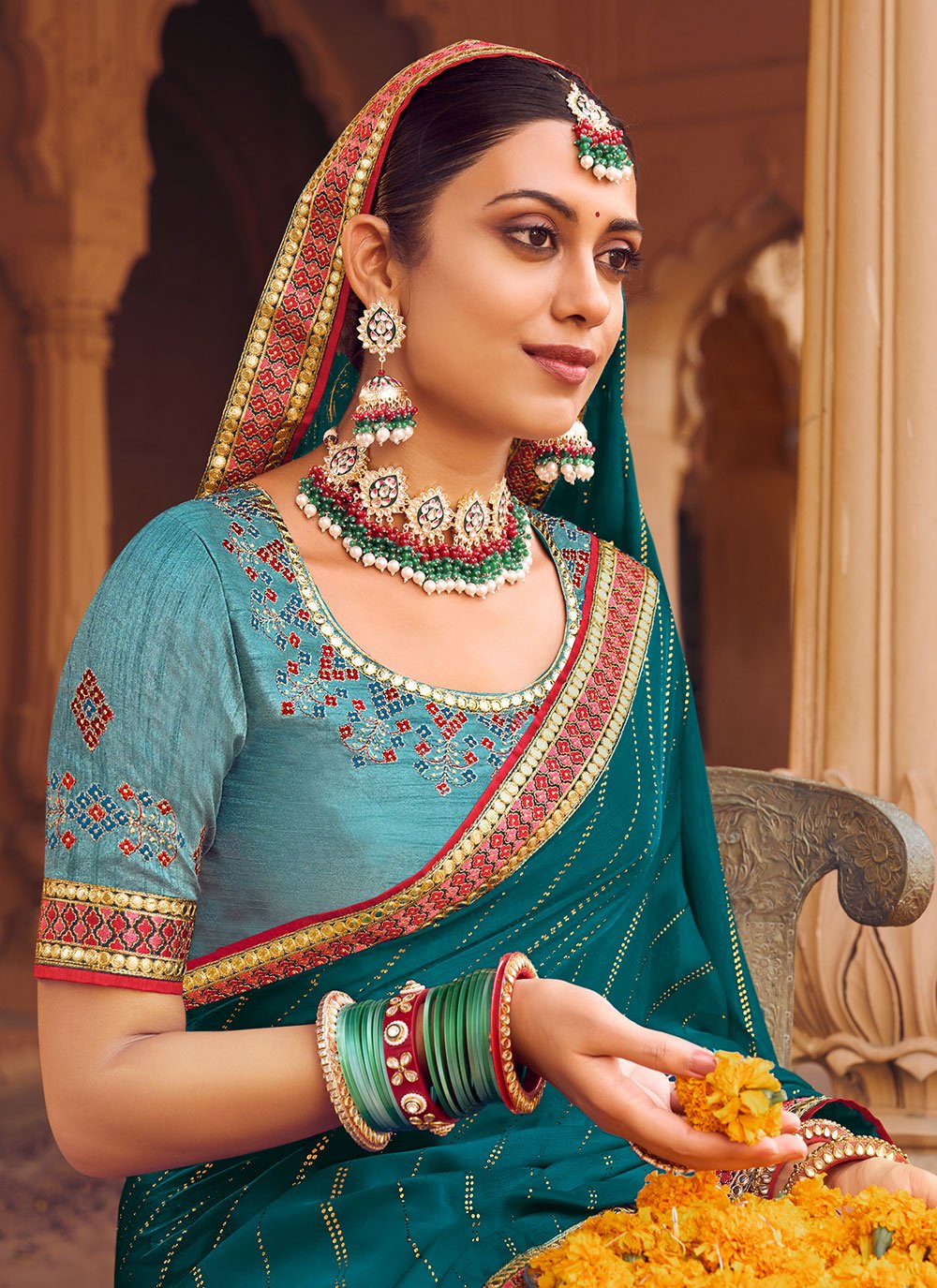 Classic Chiffon Satin Teal Embroidered Saree