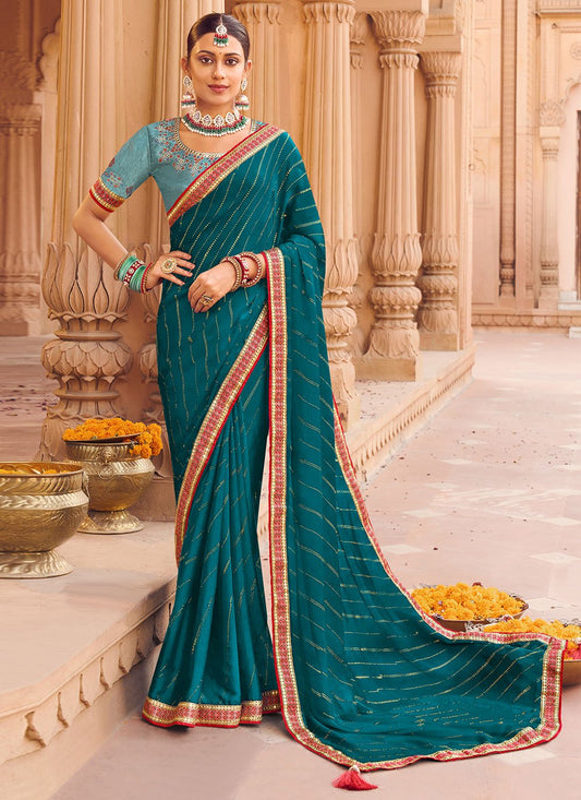 Classic Chiffon Satin Teal Embroidered Saree