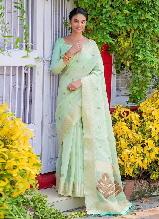 Classic Linen Tissue Green Woven Saree