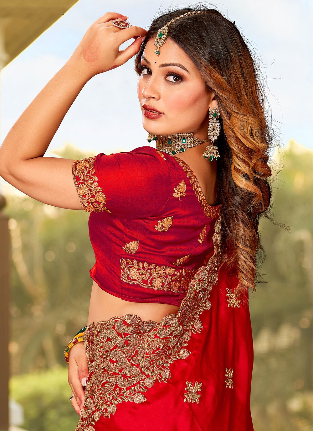 Classic Satin Red Embroidered Saree