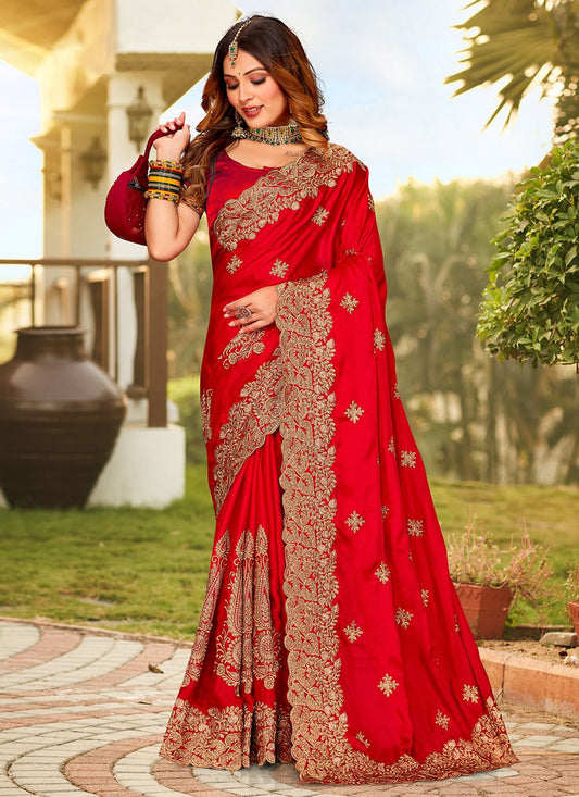 Classic Satin Red Embroidered Saree