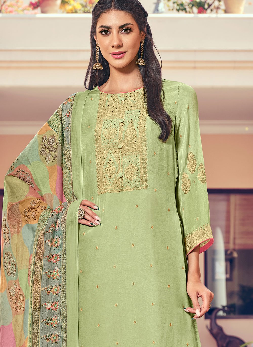 Salwar Suit Pure Silk Sea Green Buttons Salwar Kameez