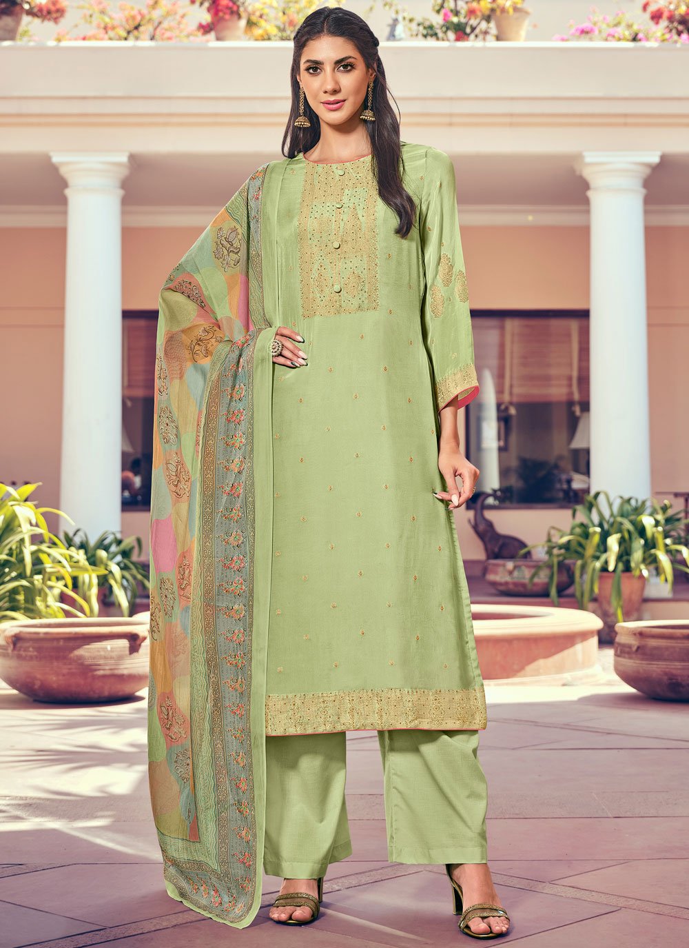 Salwar Suit Pure Silk Sea Green Buttons Salwar Kameez