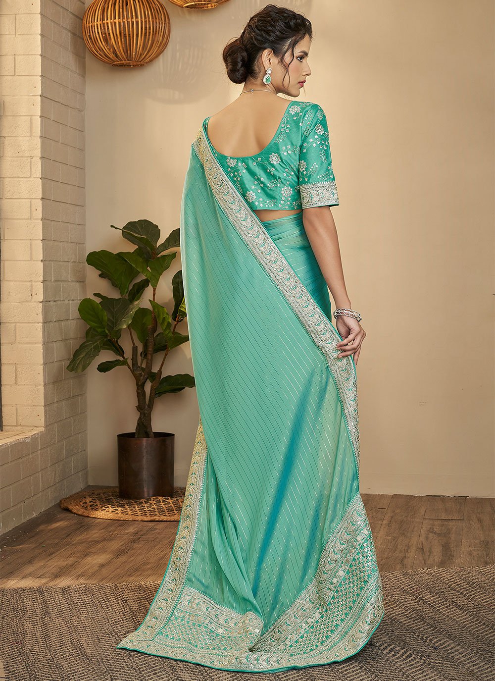 Classic Silk Sea Green Sequins Saree